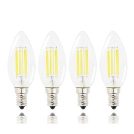 Lamsky E14 LED Filament Candle Shape Light Bulb,E14 European Base Bulb,Daylight 6000K 600LM 60W Equivalent,C35 Clear Glass Torpedo Shape Bullet Top,No-Dimmable (4-Pack)