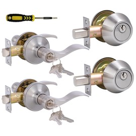 Keyed Alike Front Door Lever Lockset with Single Cylinder Deadbolt Combination Set, Exterior Door Knob with Lock and Deadbolt, Satin Nickel Finished, 2Sets