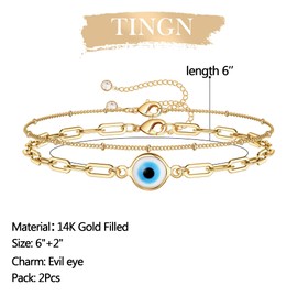 TINGN Evil Eye Bracelet for Women, 14K Gold Filled Handmade Layered Paper Clip Chain Bracelet Pearl Chain Round Evil Eye Bracelet for Women Jewellery (Evil Eye & Paper Clip Chain), Metal