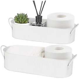 Mkono Metal Storage Basket for Toilet Tank Top Bathroom Decor, Galvanized Tray with Handle for Shelves, Farmhouse Toilet Paper Holder Organizing Bin Box for Countertop Living Room, Set of 2, White