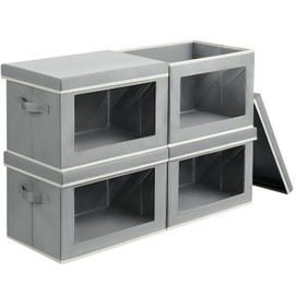 Homsorout Large Storage Bins with Lids - Fabric Storage Cubes with Window, Foldable Storage Boxes for Clothes, Closet Organizers and Storage Bins for Bedroom, Dorm, Office, Light Grey, 4 Pack