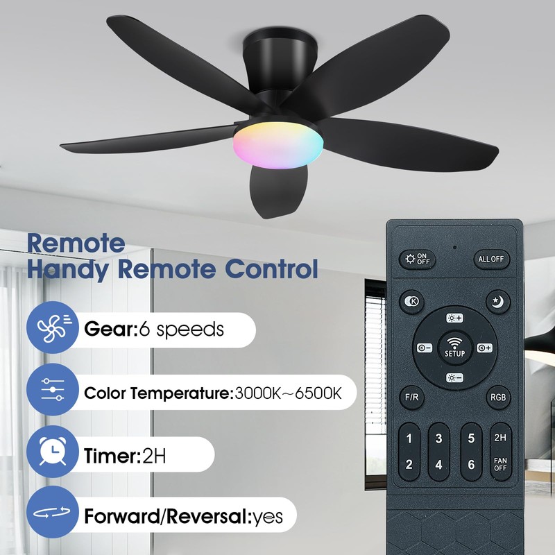Surtime Flush Mount RGB Ceiling Fans with Lights-36 Low Profile