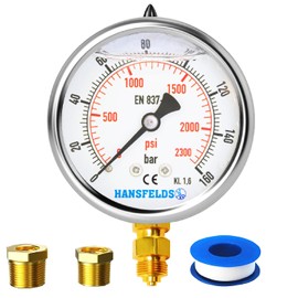Hansfelds 0-160bar Pressure Gauge Liquid Filled 1/4''BSP Lower Mount 63mm Dial Face stainless steel case Brass Connection Dual Scale bar/psi Accuracy1.6,2Pieces Bushing reducer 1/4"to 3/8",1/4"to1/2"