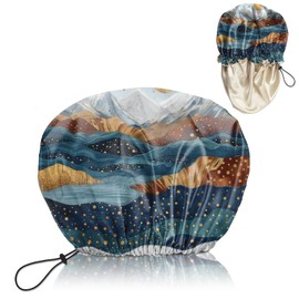 BHAHB Luxury Shower Cap Satin Lined Reusable Waterproof Double Layer Elastic Adjustable Hair Bath Cap Cute Aesthetic Women Girls-Mountain