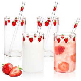 Covzoe 4 Sets Glass Strawberry Cups, Clear Strawberry Pattern Drinking Cups with Straws, 10 Oz Thickened Glass Tumbler Ice Coffee Cups, Lovely Glass Bottles Aesthetic for Juice, Milk, Tea
