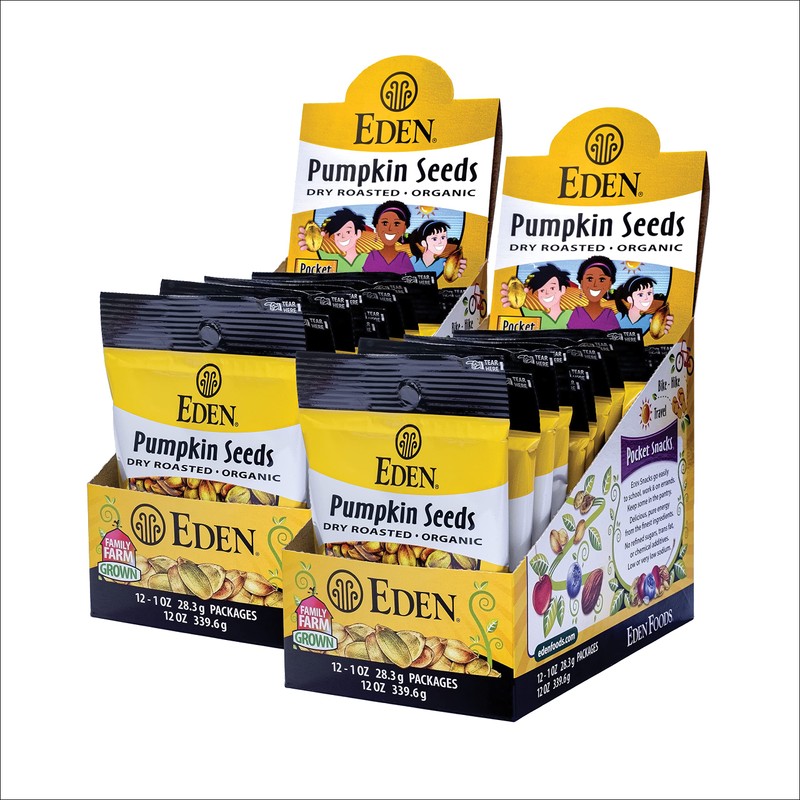 Eden Organic Pumpkin Seeds, Pocket Snacks, Dry Roasted, Lightly Salted,