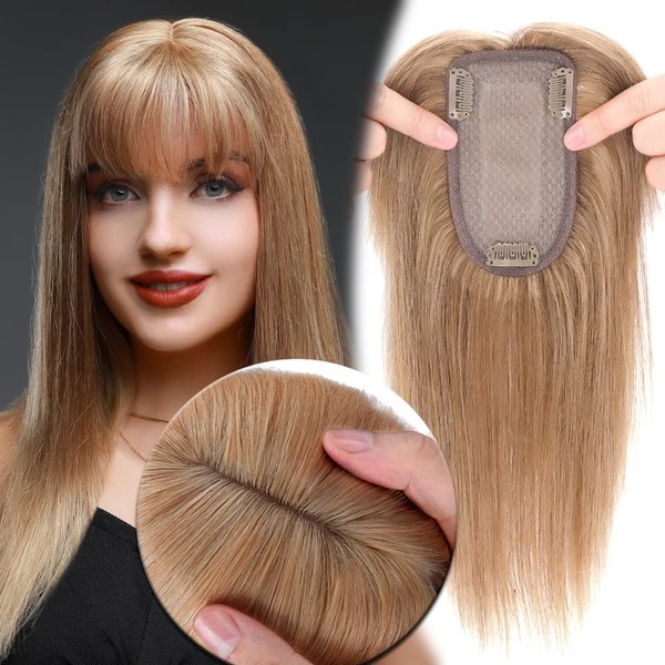 MY-LADY Human Hair Toppers for Women Real Remy Hair 150% Density 7 * 13CM Silk Base with Bangs Clip in Hair Pieces Straight Hairpiece for Thinning Hair 6 Inch #27 Dark Blonde