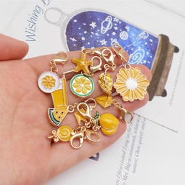 GraceAngie 40pcs Gold Plated Enamel Charms with Lobster Clasps Assorted Animals Flower Moon Star Clip-on Charms Pendants Stitch Marker Charms for Knitting DIY Earrings Necklace Jewelry Crafts (YELLOW)