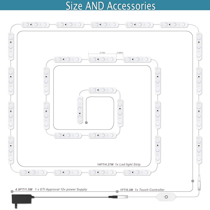 Blikshin LED Vanity Mirror Lights, Hollywood Style Makeup Light, 14FT/6000K/Dimmable/12V