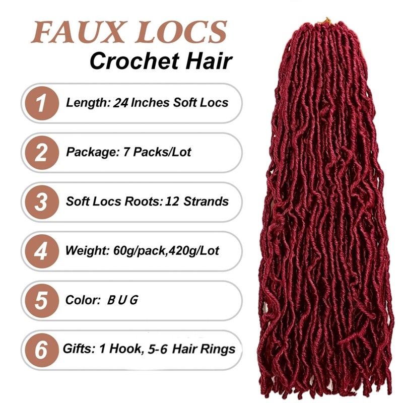 Faux Locs Crochet Hair Burgundy Soft Locs 24In Braids Hair