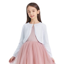 CUNYI Girls Sparkle Bolero Cardigans Long Sleeve Cropped Cardigan Crewneck Shrug for Dresses Lightweight Knit Sweater Elegant, Silvery White 160