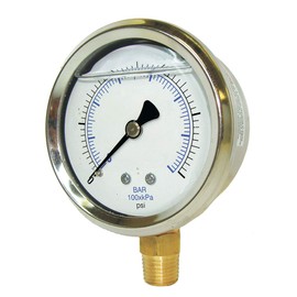 PIC Gauges 201L-208E Bottom Mount Glycerine Filled Pressure Gauge w/ SS Case, Brass Internals, SS Bezel, PC Lens, 2" Dial, 0/100 psi Range, 1/8" Male NPT