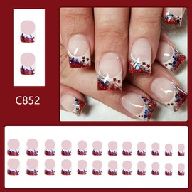 Independence Day Press on Nails Short Square Fake Nails with Star Designs Red White French Tip Stick on Nails Blue False Nails Glitter 4th of July Acrylic Nails for Women Girls Manicure 24Pcs