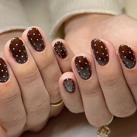 Uñas postizas de lunares, ovaladas, marrones, cortas, almendradas, con pegamento, acrílicas, cobertura total, para manicura de mujer, 24 unidades