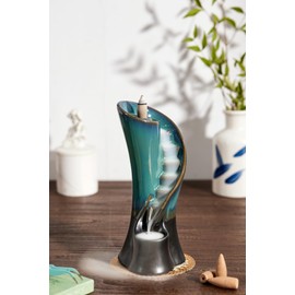 LAMDAWN Unique Cloud Stairs Ceramic Waterfall Incense Holder, Paired with a Pack of Backflow Incense Cones. (Blue)