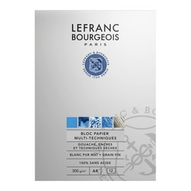 Lefranc & Bourgeois 301251 Mixed Media Pad, 12 Sheets of Paper 300 g/m², Fine Grain, 100% Acid Free, Pure White, FSC, Suitable for Wet and Dry Painting Techniques - A4