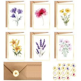 YJSPARKK Blank Cards,24 Pack Floral Greeting Cards with Envelopes Stickers,Watercolor Elegant Gold Foil Note Greet Card,3.9 x 5.9.Perfect Set For All Occasions,6 Assorted Flower Designs