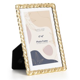 FIHOO 4x6 inch Picture Frame Design Vintage Style Metal Photo Frame with High Definition Glass Antique Display Holder for Tabletop (Gold-Spiral Rope)