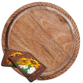 K & R Wood Trivet for hot pots and Pans | Natural Mango Wood | Wood Trivet for hot Dishes | Wooden Cutting Board Reversible | Wooden Trivet and 2 hot Pads for Kitchen | Wood Serving Board Multiuse
