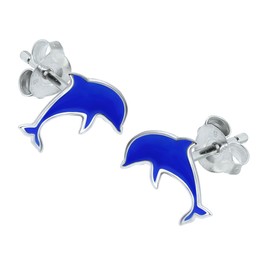 Dolphin Earrings 925 Sterling Silver Blue
