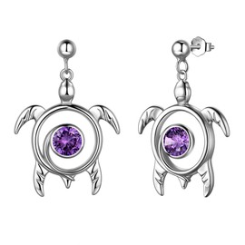 Aurora Tears Turtle Necklace, 925 Sterling Silver, Animal Pendant, Birthstone Jewellery, Gifts with Zirconia for Women DP0172, Earrings, February amethyst