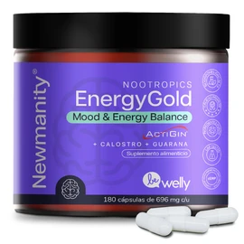 NEWMANITY Energy Gold Nootropico Natural para Concentracion, Energía y Ánimo - 2 meses - con Actigin, Calostro, Guaraná, Vitaminas del Complejo B1:B6 y B12, Taurina, Café, Té Verde, Biotina y Folato