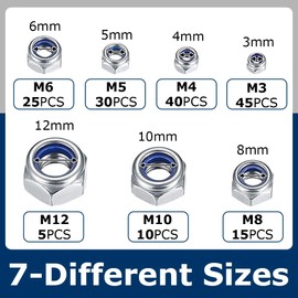 170 PCS Locknut Assortment 7 Sizes Nylock Nuts M3 M4 M5 M6 M8 M10 M12 Threaded Hex Insert Locking Nuts with Plastic Box for Bolts Screws