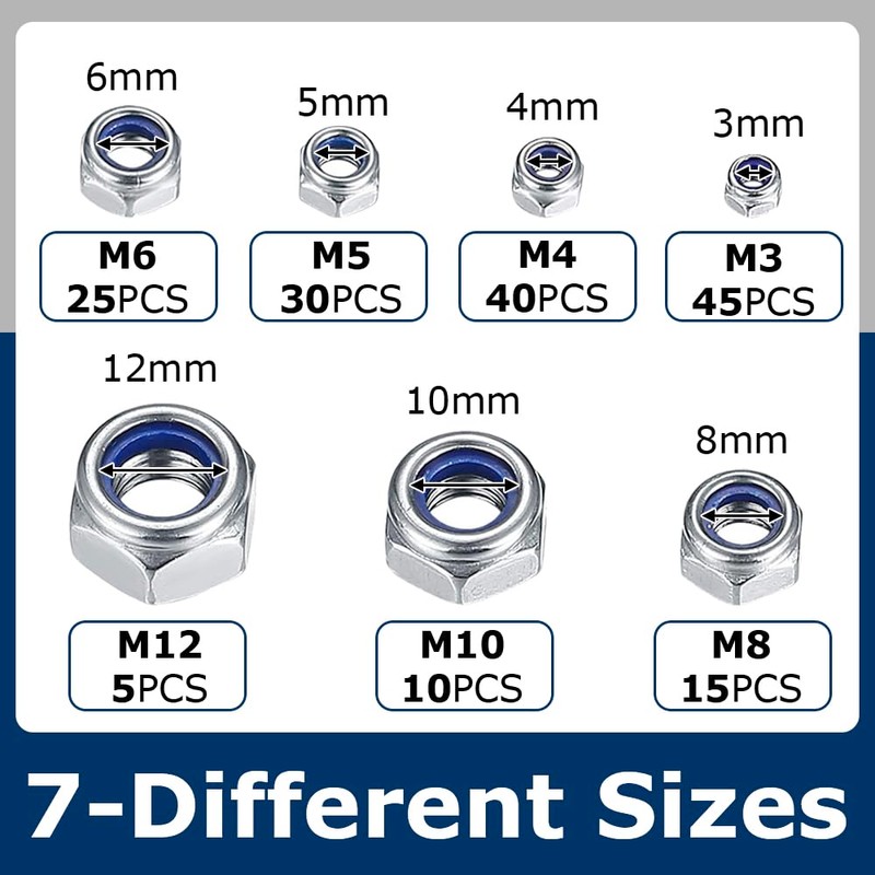 170 PCS Locknut Assortment 7 Sizes Nylock Nuts M3 M4