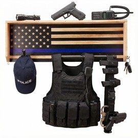 Police Wall Mounted Tactical Duty Gear Rack with Blue American Flag | First Responder Storage Shelf & Organizer for Policemen, Law Enforcement Holder | Gift Decor Gifts (Wood Color + Thin Blue Stripe)