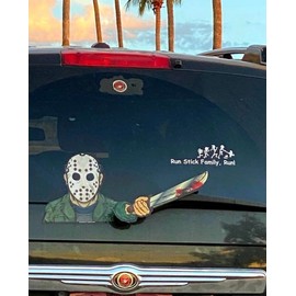 Hockey Masked Machete Killer WiperTags with decal attaches to rear vehicle wiper accessory. All weather resistant and UV protected. Quality made in USA.