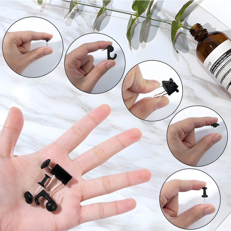 VAPKER Black Push Pins Set 200Pcs,Binder Clips,Hook Pushpin,Gear Marking Thumtacks,Heart