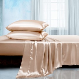 Manyshofu Satin Queen Sheets Set 4 Piece - Soft Silky Satin Sheets Set, Beige Satin Bed Sheets Cooling & Luxury Bedding Sheet Set(1 Satin Fitted Sheet, 1 Satin Flat Sheet, 2 Satin Pillow Cases)