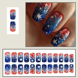 Independence Day Press On Nails Medium Square Fake Nails 4th of July Nails Press Ons With Star Designs Red Blue Star False Nails Full Cover Glue On Nails Glitter Stick On Nails For Women