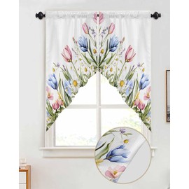 Jeomia Spring Flower Valances for Windows, Blue Pink Tulip Floral Wildflower Easter Rod Pocket Blocking Swag Valance Curtains for Kitchen Bathroom Cafe, 2 Panel 28"x36"