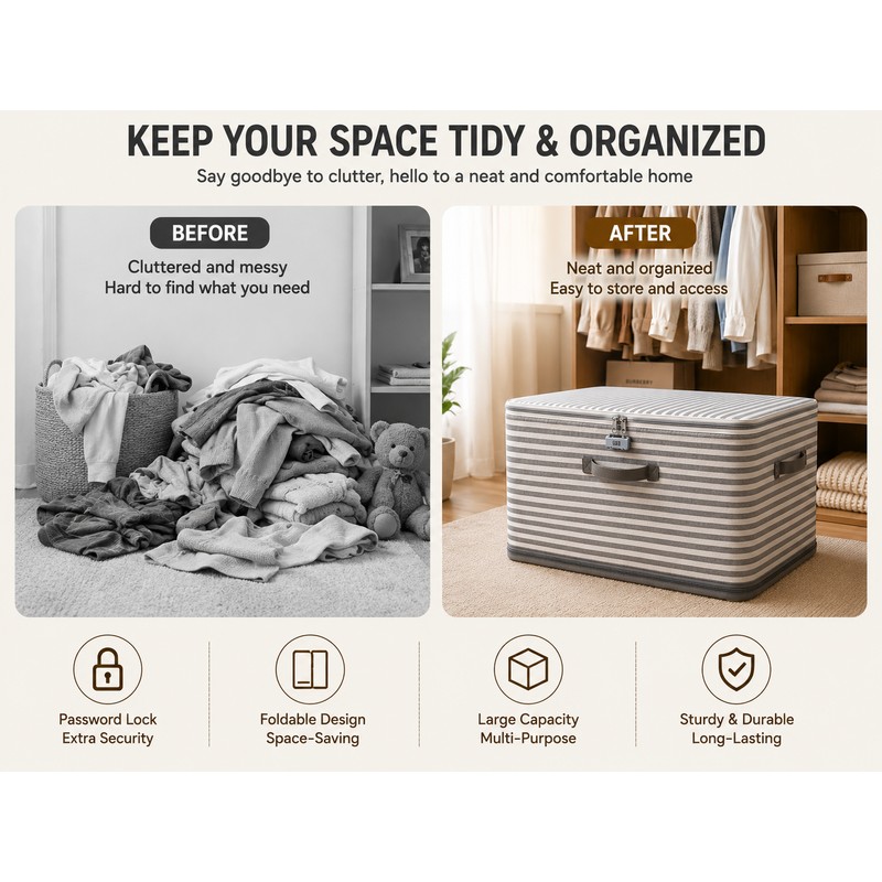 Foldable Storage Box with Lid - Durable Beige Checkered Organizer