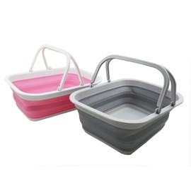 SAMMART 9.2L (2.37Gallon) Collapsible Tub with Handle - Portable Outdoor Picnic Basket/Crater - Foldable Shopping Bag - Space Saving Storage Container (Grey & Pink, 2)