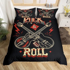 Guitar Print Duvet Cover Rock Music Bedding Set Black and Red Comforter Cover for Boys Girls Kids Room Decor Hip Hop Style Lightweight Bedspread Cover Twin Size with 1 Pillow Case