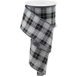 Checked Plaid Wired Ribbon, Black, Grey, White, 2.5" x 10 Yards