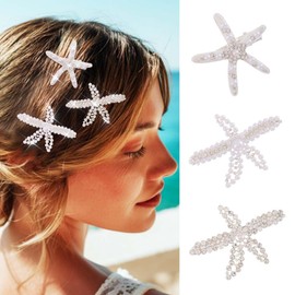 Brishow Gold Starfish Hair Clip Rhinestone Mermaid Hair Accessories Pearl Sea Star Barrettes for Women and Girls (Silver-3PCS)