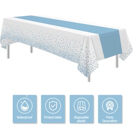 HIPVVILD White and Blue Party Decorations Tablecloth, 3 Pack Disposable Light Blue Dot Table Cover Printed Table Runner for Birthday Baby Bridal Shower Wedding Anniversary Graduation, 86in x 55in