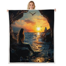 Castle Fairy 3D Mermaid Blanket Queen 90x90 Dreamy Sunset Landscape Blanket for Boys Girls Sea Mew Birds Sherpa Blanket Glitter Mermaid Tail Bed Blanket Sofa Bed Couch Decor