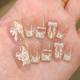 24Pcs French Tip Press on Nails Medium Length Coffin Fake Nails Bow Pattern Design Nude Pink Full Cover False Nails French Tip Glitter Spring Summer Reusable Nail for Daily DIY Nail Accessories