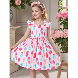 Girls Dresses Ice Cream Toddler Summer Dress White Flutter Sleeve Sundress School Party Outfits Kids Popsicle Tutu 4t / 3-4 Years