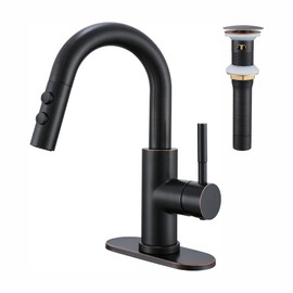 Kablle Bathroom Sink Faucet with Pull Down Sprayer, Oil Rubbed Bronze Single Handle Pull Out Faucet with Pop-Up Drain, 1 or 3 Hole Laundry Bar Basin Faucet with Deck Plate, KBL-7002ORB-CL
