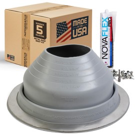 Fasteners Plus #5 Round Silicone Metal Roof Pipe Flashing Boot with Complete Install Kit (Made in USA), Fits 4-1/4” - 7-1/2” Pipe OD, Gray