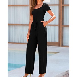 BTFBM Womens Casual 2 Pieces Outfits Dressy Square Neck Short Sleeve Bodysuit Drawstring Pants Knit Lounge Matching Sets(Black, Small)