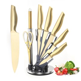 Gold Knife Set，8Pcs Golden Titanium Stainless Steel Kitchen Knife Set with Acrylic Knife Holder,Non Stick Non Rust Chef Knife Set with Comfortable Handle
