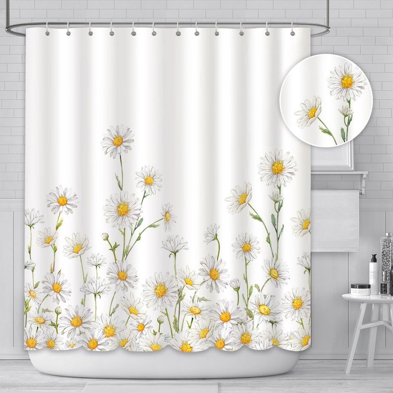 AIBIIN White Daisy Shower Curtain Spring Floral Rustic Farmhouse Blossom