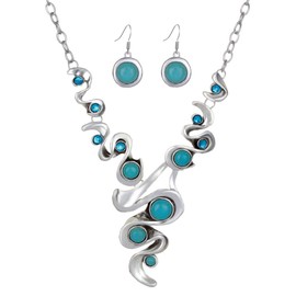 YAZILIND Hollow Tibetan Silver Green Rimous Oval Turquoise Haddock Collar Earrings Necklace Jewelry Set Women, Silver, Turquoise