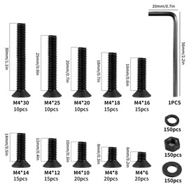 M4 Screws Set 600 Pieces - 10 Sizes Countersunk Screws with Nuts, Locking Washers & Washers | Hexagon Socket Flat Head Screws for Furniture Assembly, Mechanical Engineering (6-30 mm Lengths)